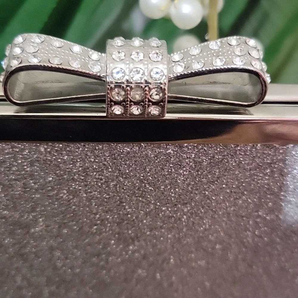 I.N.C. Carolyn Glitter Clutch Rhinestone Bow Glitter Silver